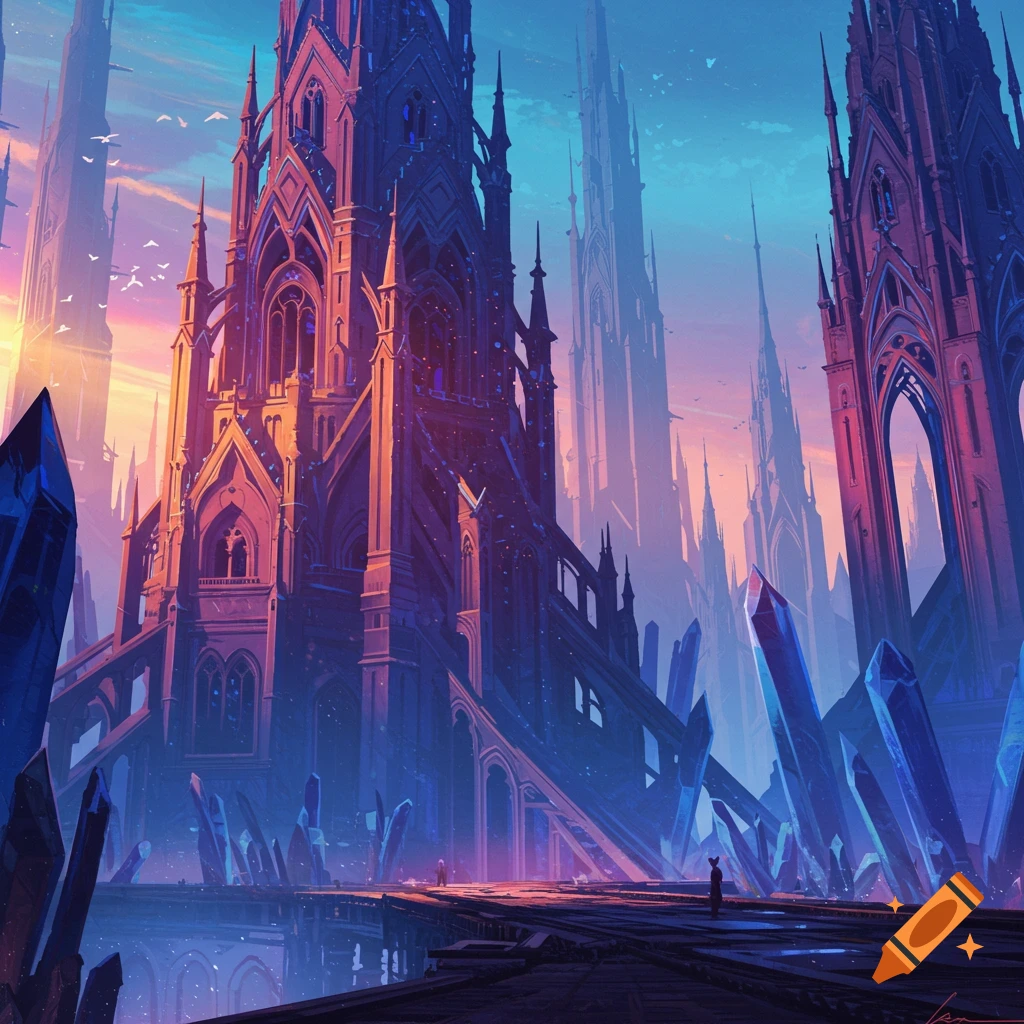 A scene featuring futuristic gothic architecture and large crystals bathed in the warm light of sunset.