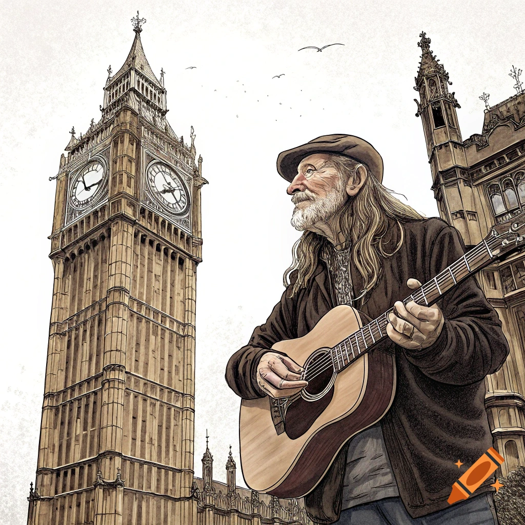 Illustration of a man playing an acoustic guitar in front of Big Ben.
