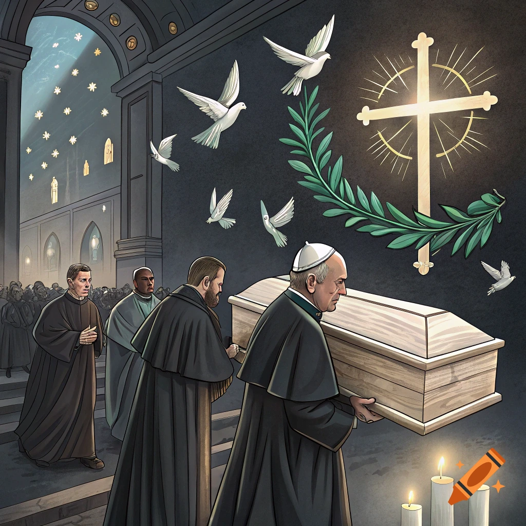 Funeral procession in a church with people carrying a coffin, doves, cross, and olive branch symbolism.