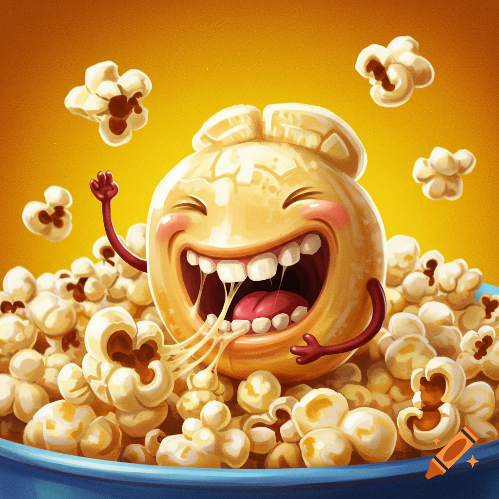 A laughing cartoon popcorn character is shown eating gooey strings in a bowl of popcorn.