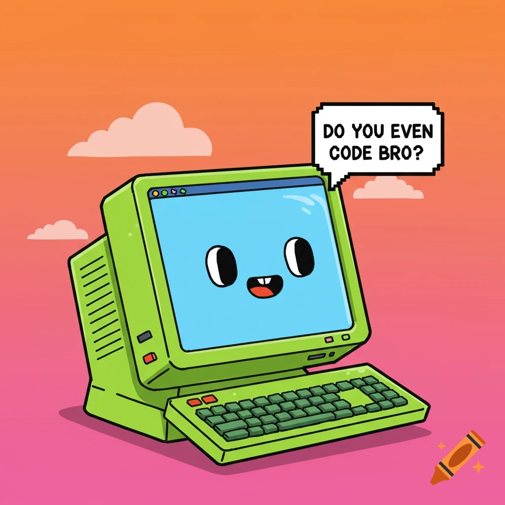 Cartoon illustration of a computer character with a face saying 'DO YOU EVEN CODE BRO?' in a speech bubble.
