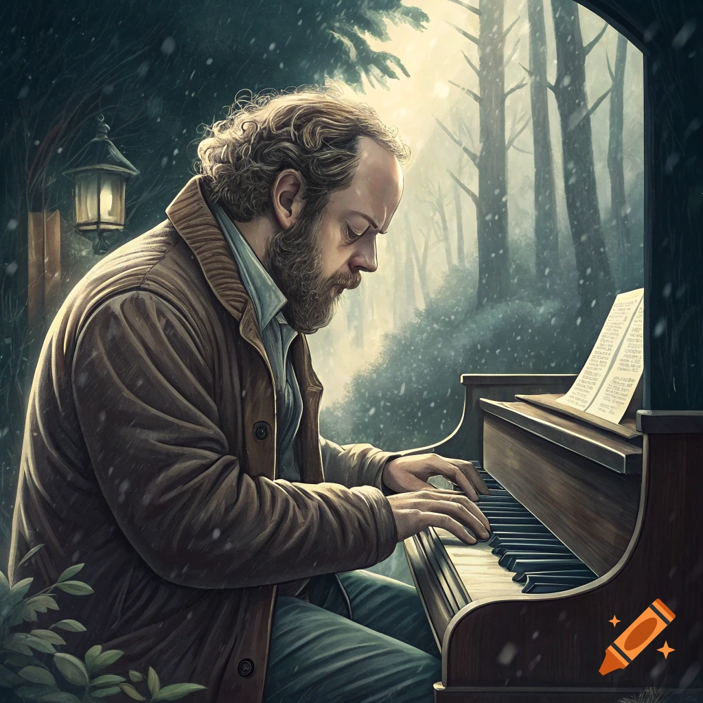 Man plays piano outdoors in a snowy forest, stylized art.
