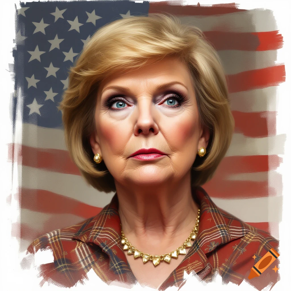 portrait of a woman with blonde hair and makeup in a plaid shirt and necklace against an American flag background.