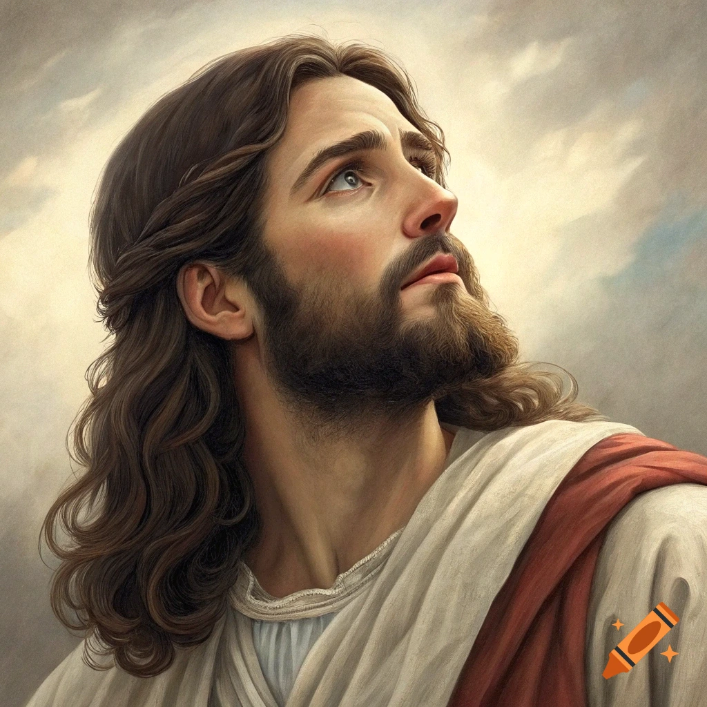 Close-up painting of Jesus looking up at the sky