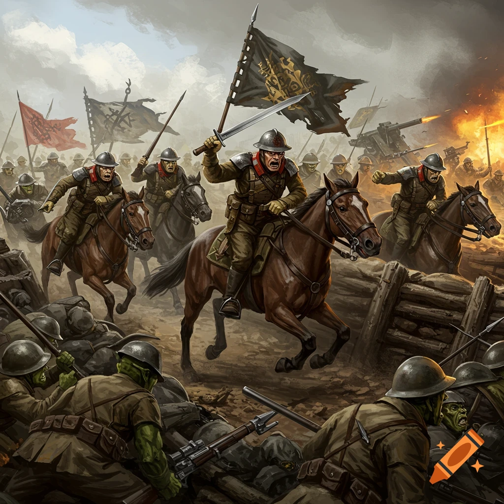 Ork soldiers on horseback charging trenches during a battle, under fire.