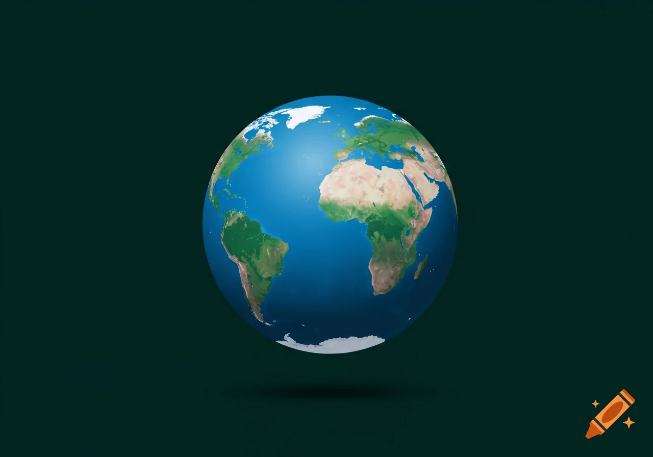 A detailed rendering of planet Earth floating on a dark green background.
