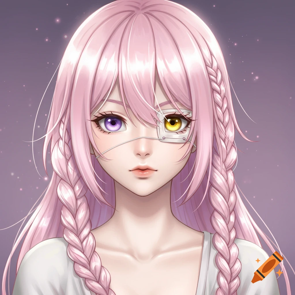 Anime portrait of a girl with pink hair, mismatched purple and gold eyes, and an eye covering.