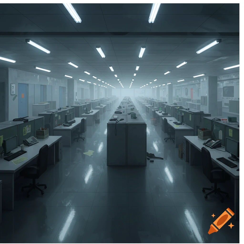 A long, empty office building interior stretching into the distance, lit by fluorescent lights.