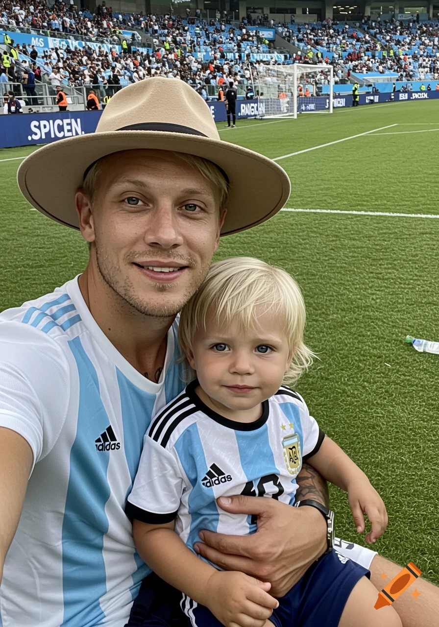 A man in a hat holding a child on his lap at a soccer game. Both wear Argentina jerseys.