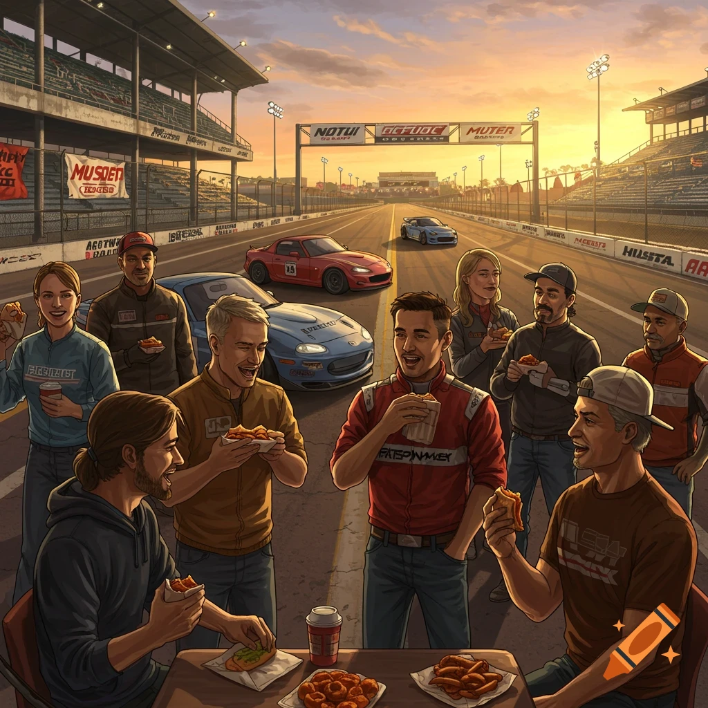 A group of people eating chicken sandwiches at a racetrack with cars, during sunset.