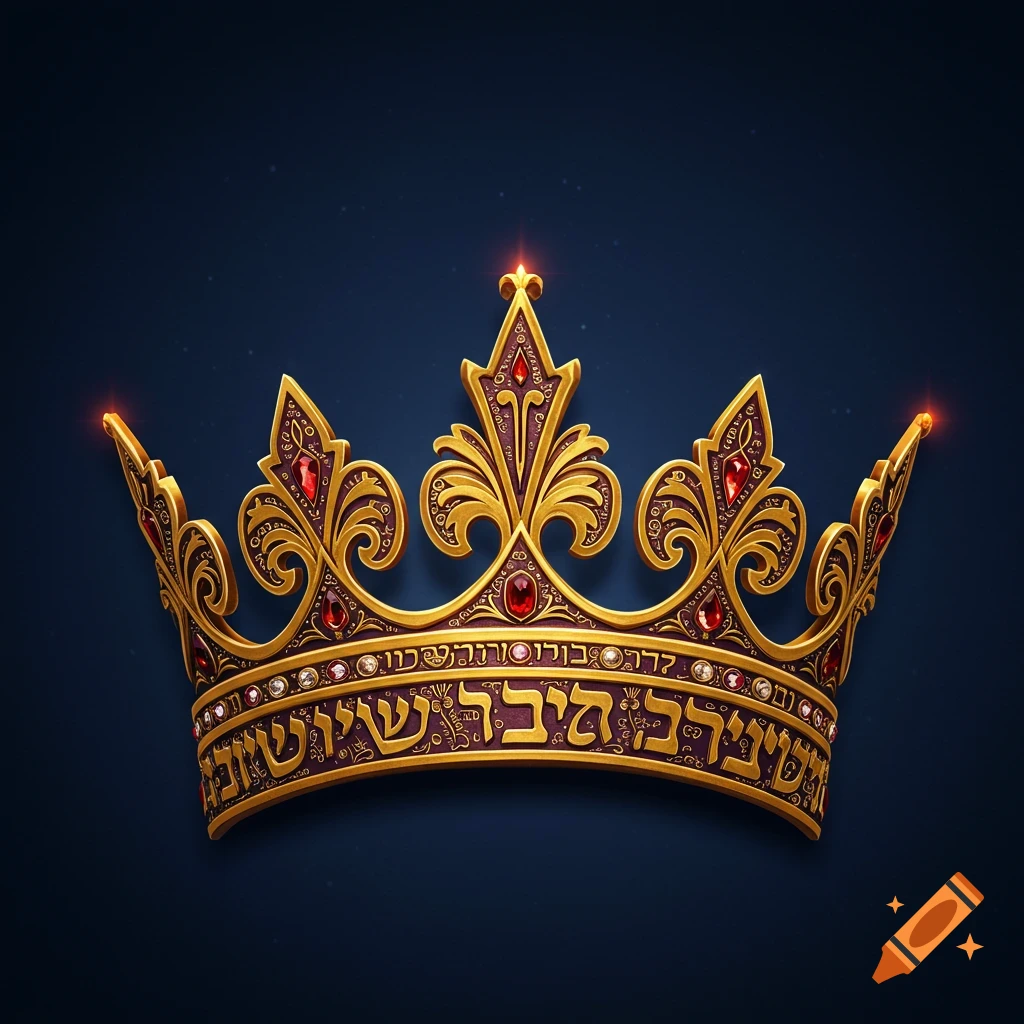 Golden crown with red jewels, purple accents, and inscribed Hebrew text on a dark background.