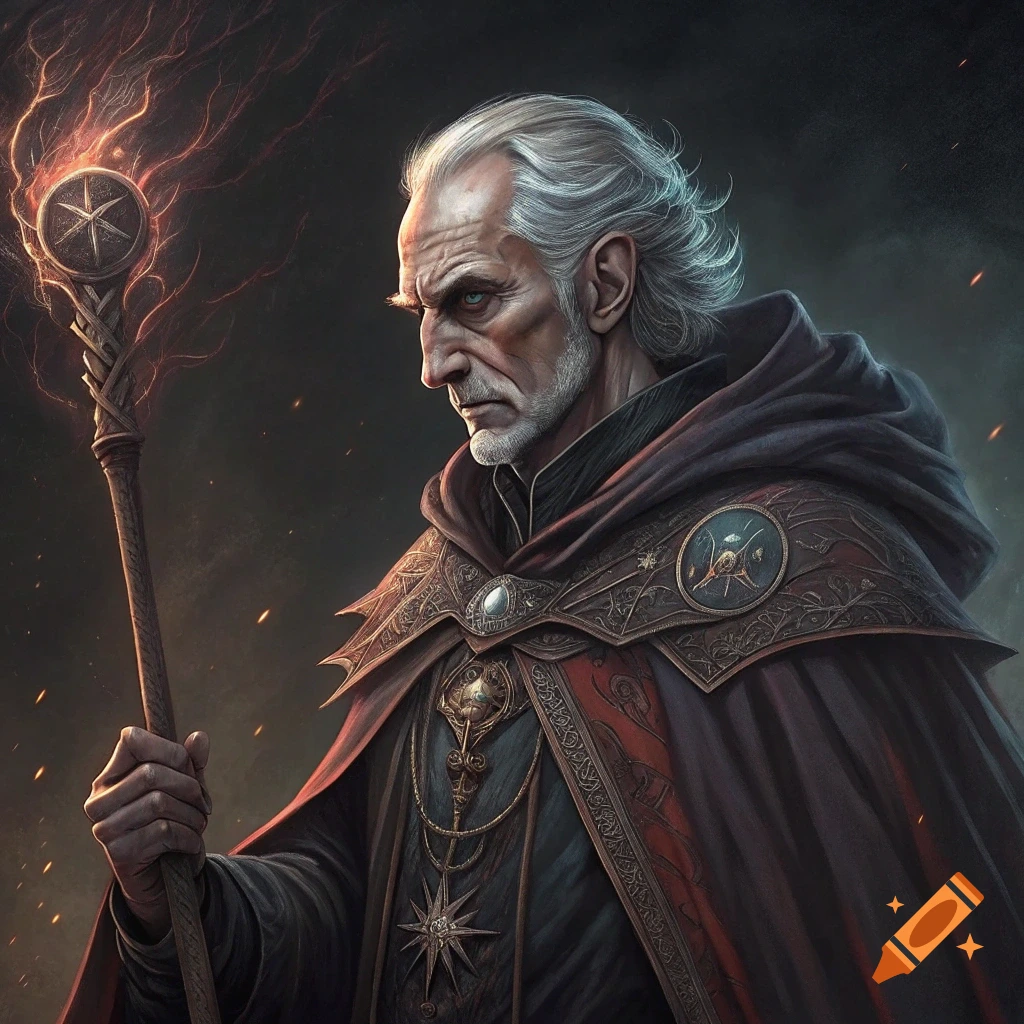Fantasy portrait of an old man with a beard, dressed as a wizard holding a glowing staff.