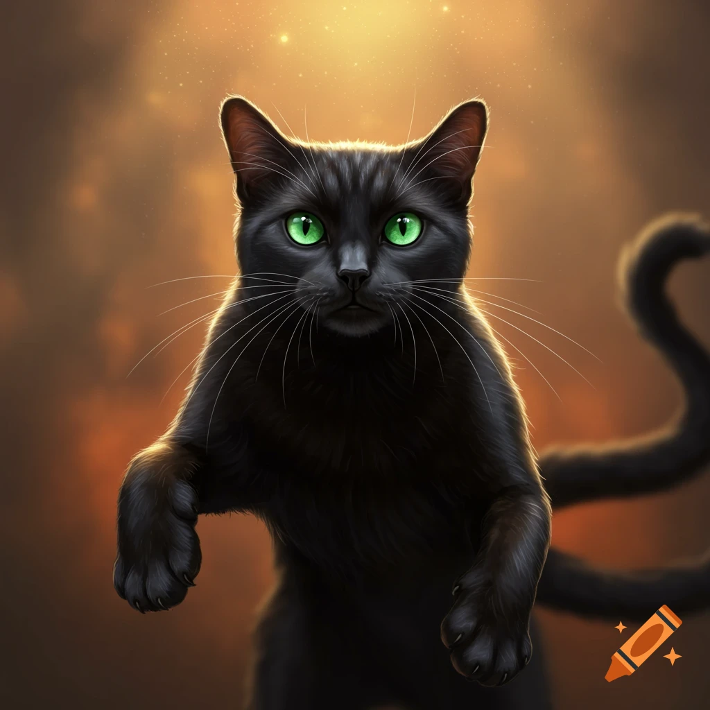 A black cat with bright green eyes.