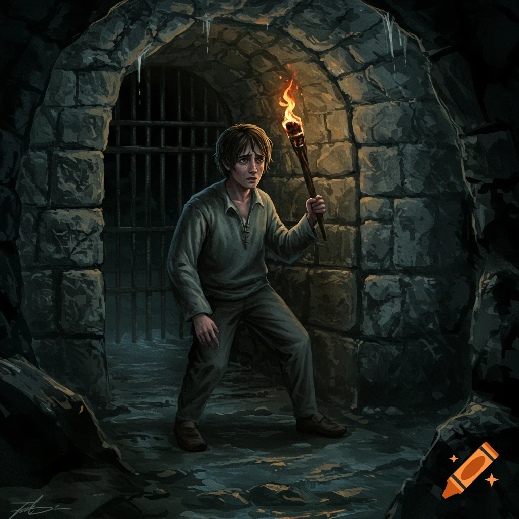 A frightened person holding a torch in a dark cave-prison.