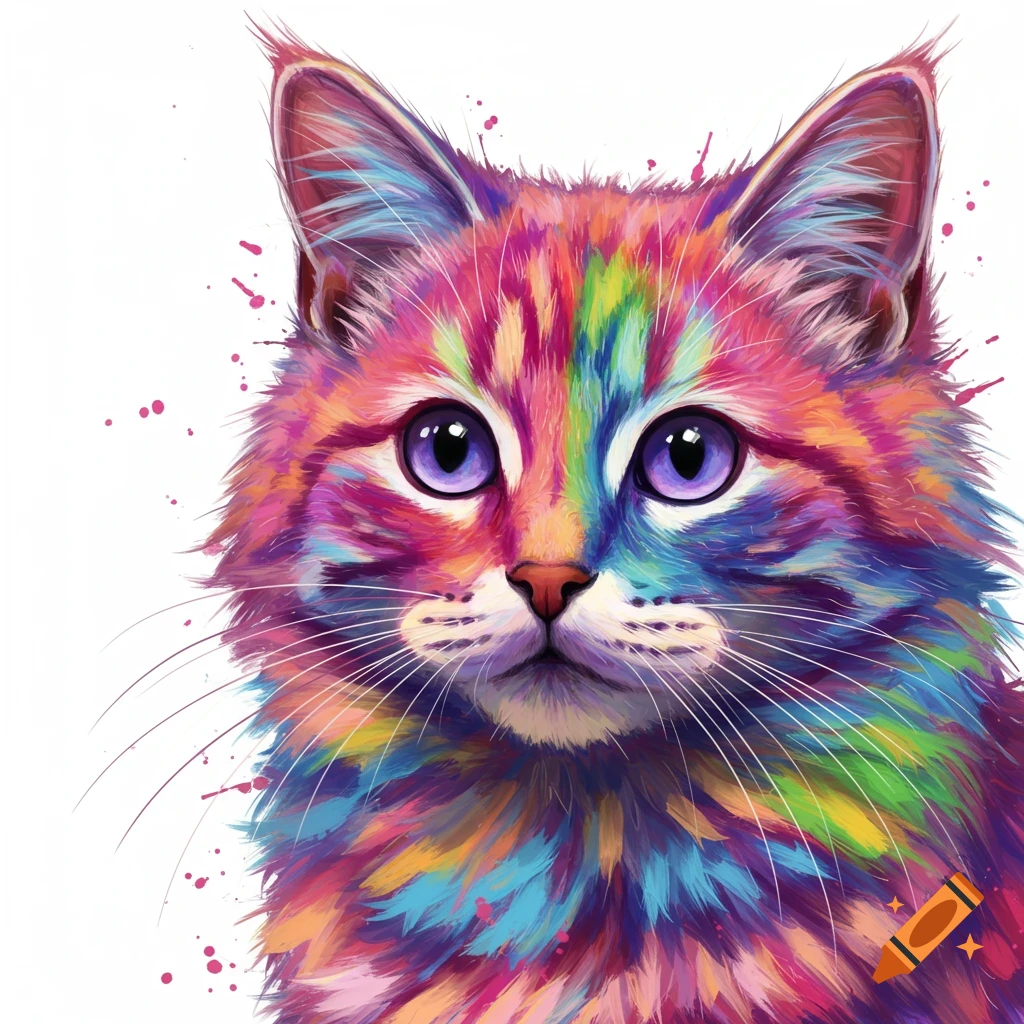 Close-up of a fluffy cat with rainbow-colored fur and purple eyes, against a white background with paint splatters.