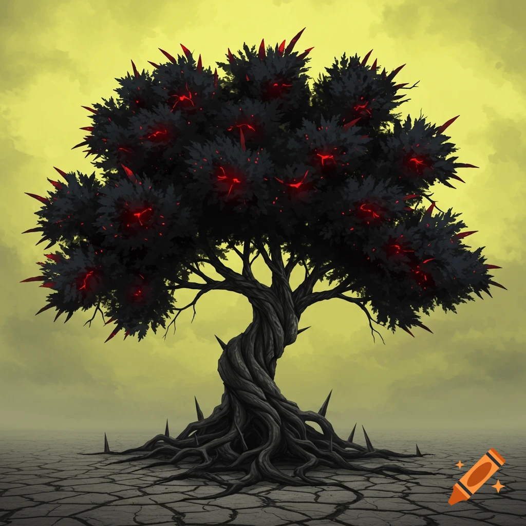 A dark, thorny 'anti-tree' with glowing red spots on cracked ground