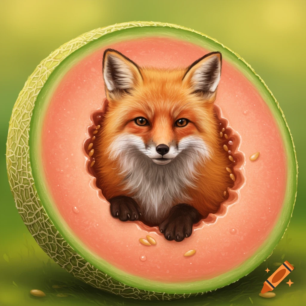 A fox peeking out of a sliced cantaloupe melon.