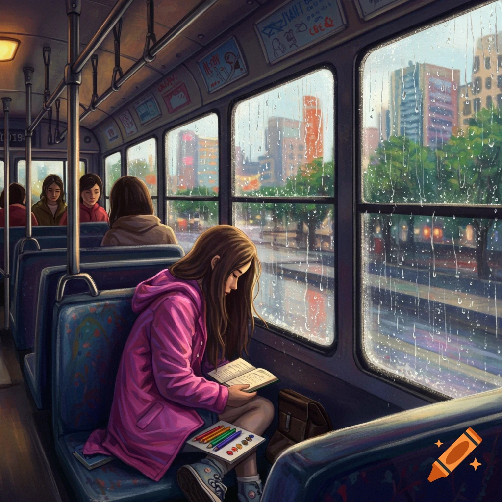 A girl reads on a bus in the rain, looking out at the city.