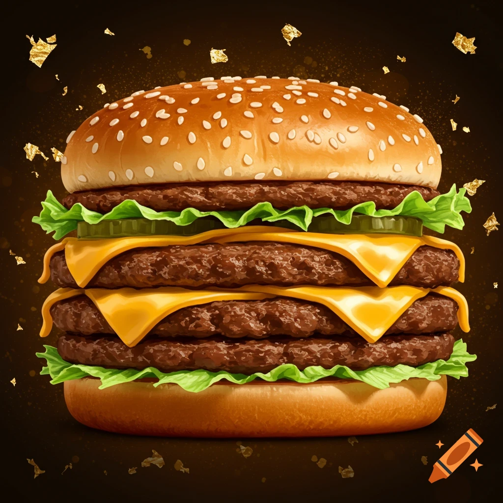 A large, luxurious double cheeseburger with lettuce and pickles against a dark background with gold flakes.