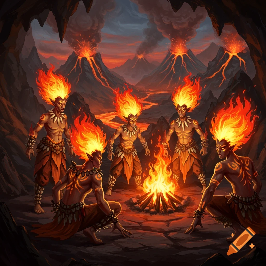 Fire creatures gathered around a campfire with erupting volcanoes in the background