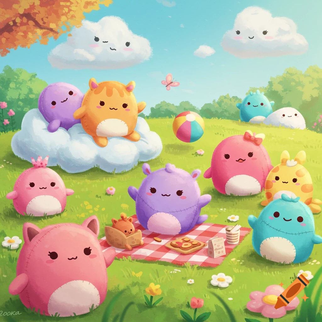 Colorful plush toys having a picnic in a park.