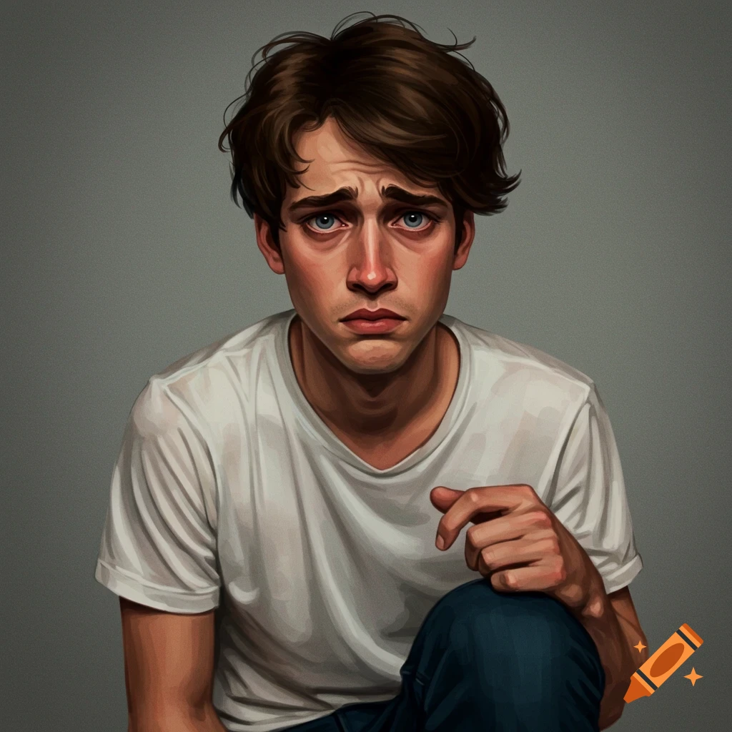 A young man with a nervous expression is looking directly at the viewer.