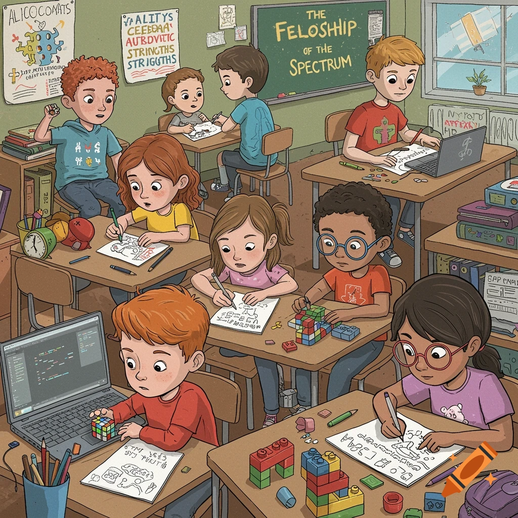Diverse children in a classroom drawing, building blocks, coding, and solving a Rubik's cube.
