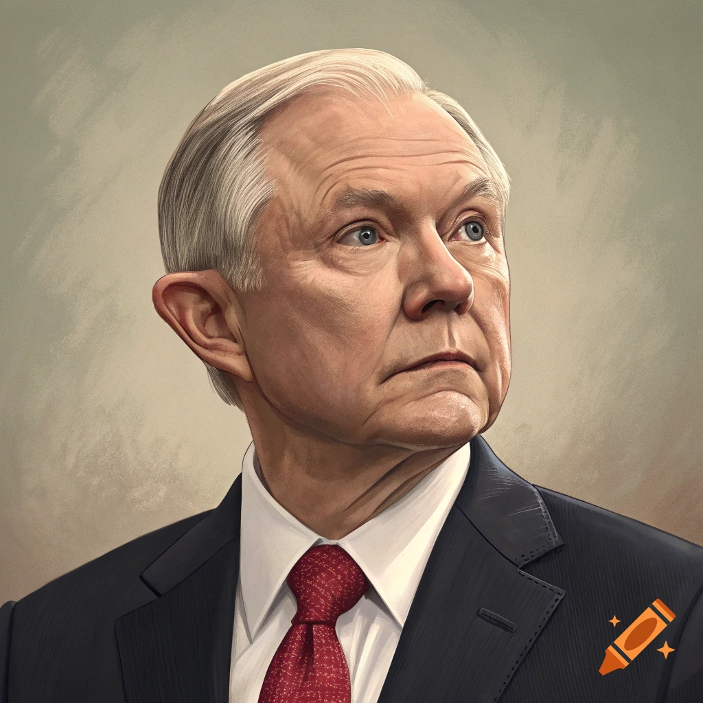 Portrait of Jeff Sessions in a suit and red tie, looking up.