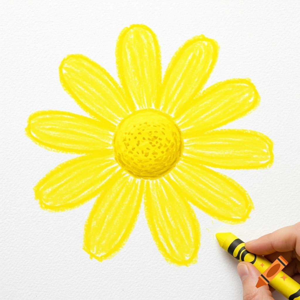 Hand drawing a yellow flower with a crayon on paper
