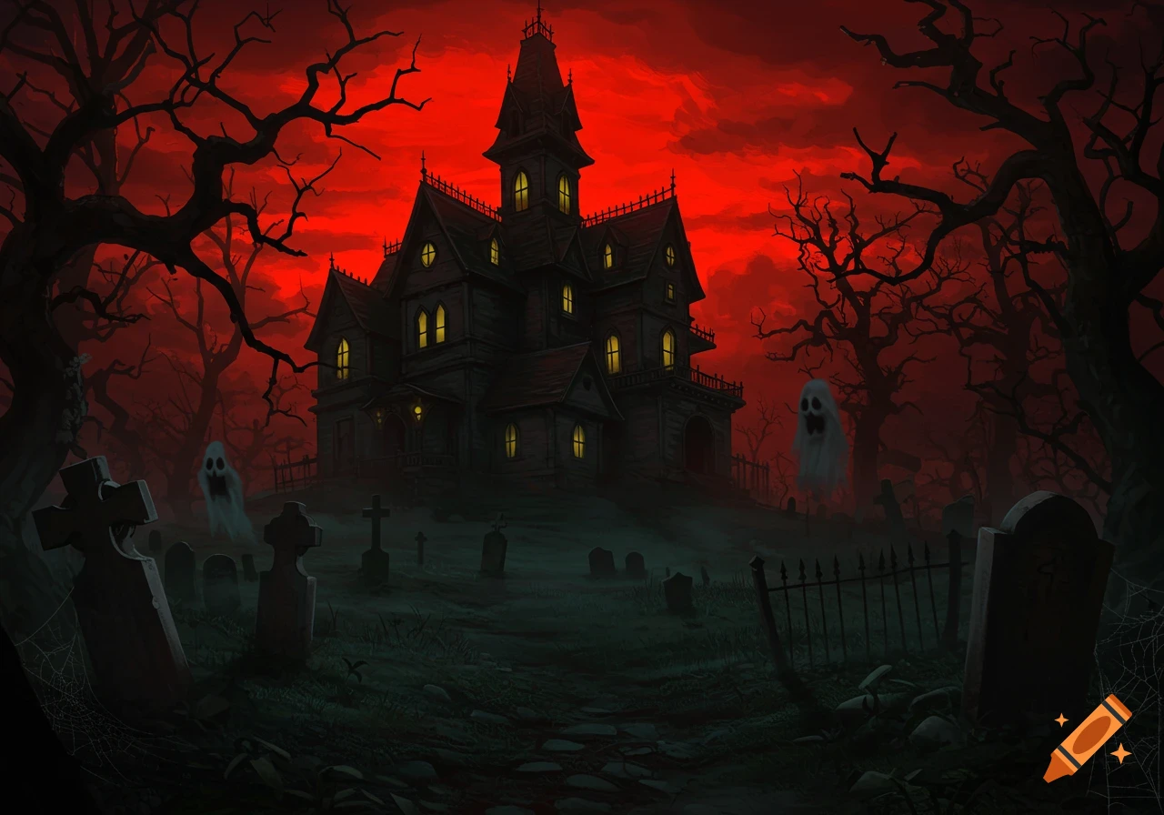 A spooky haunted mansion overlooks a graveyard with ghosts under a red sky.