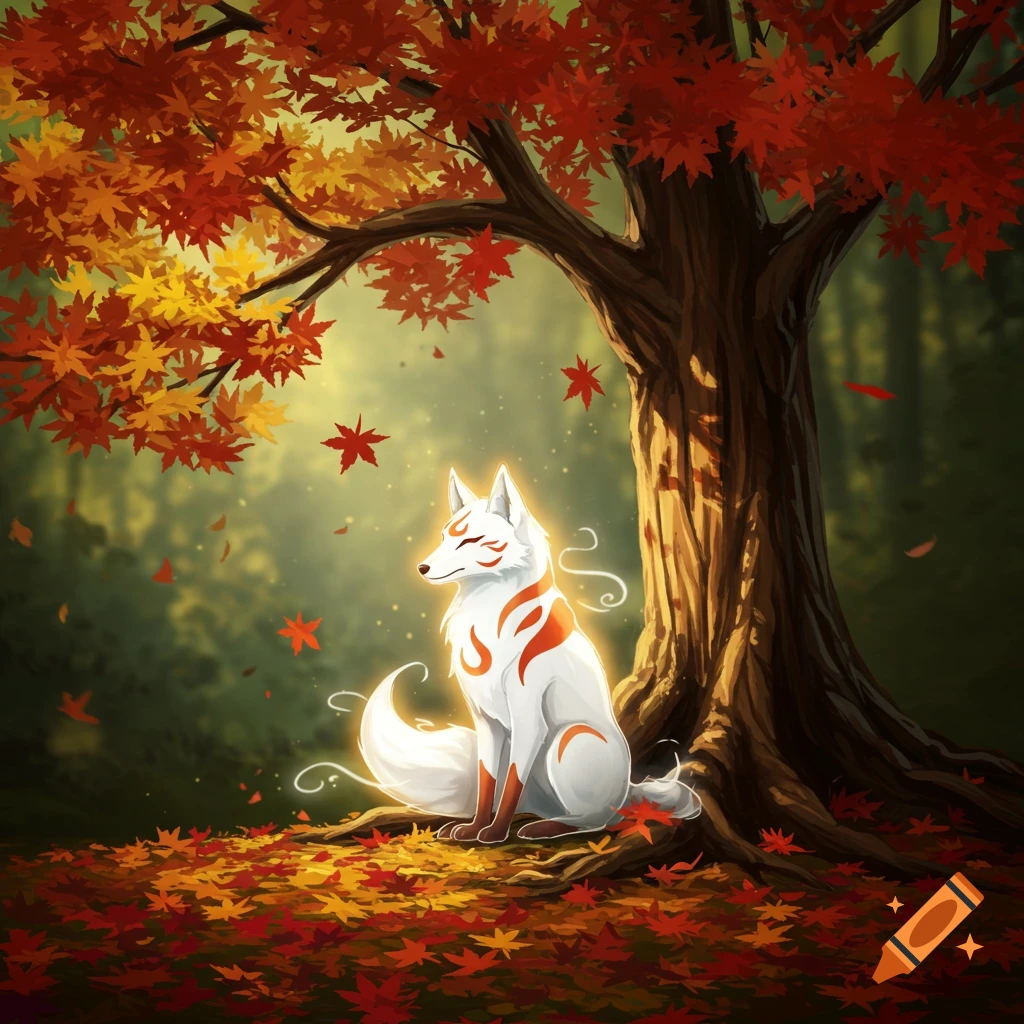 Illustration of a white Kitsune with orange markings sitting under an autumn maple tree.