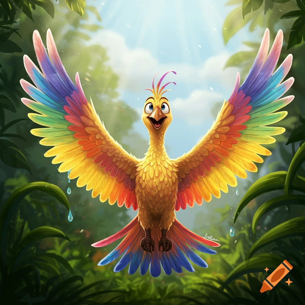 A vibrant, colorful cartoon bird similar to Kevin from Up with wings spread in a lush jungle.
