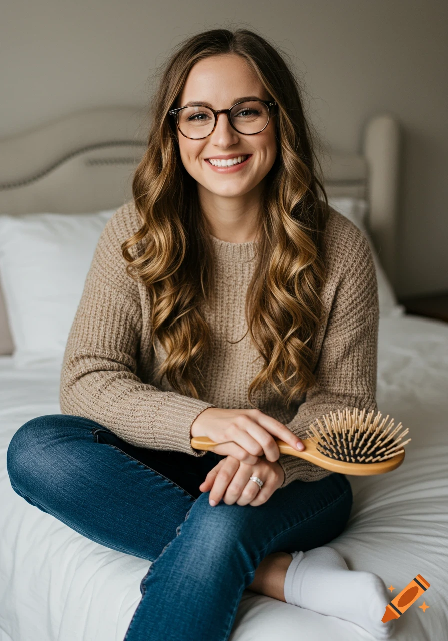 Smiling woman with glasses and wavy hair holding a hairbrush while sitting on a bed