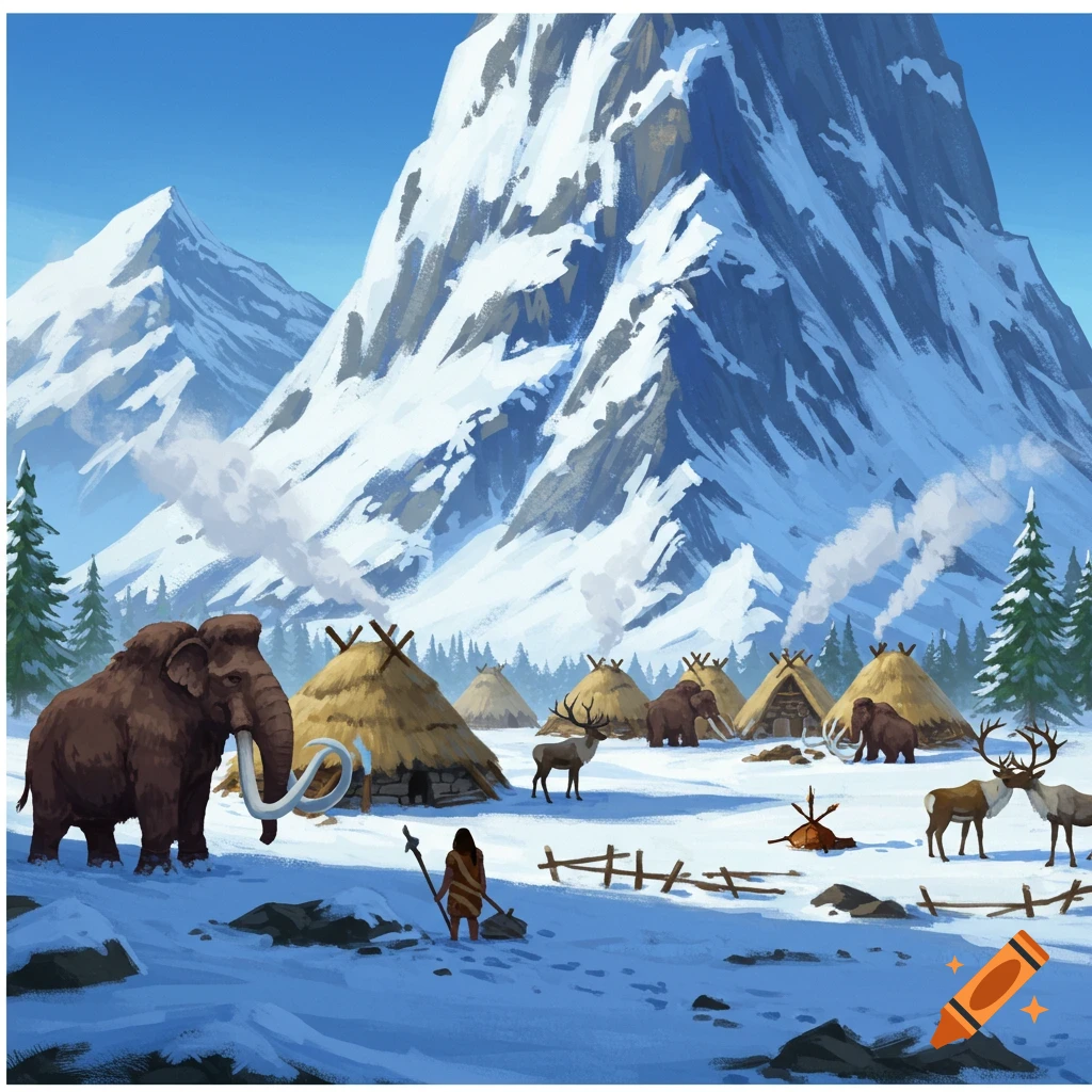 A Stone Age village is nestled in a snowy mountain landscape.  Mammoths and reindeer roam nearby, and a person is visible.