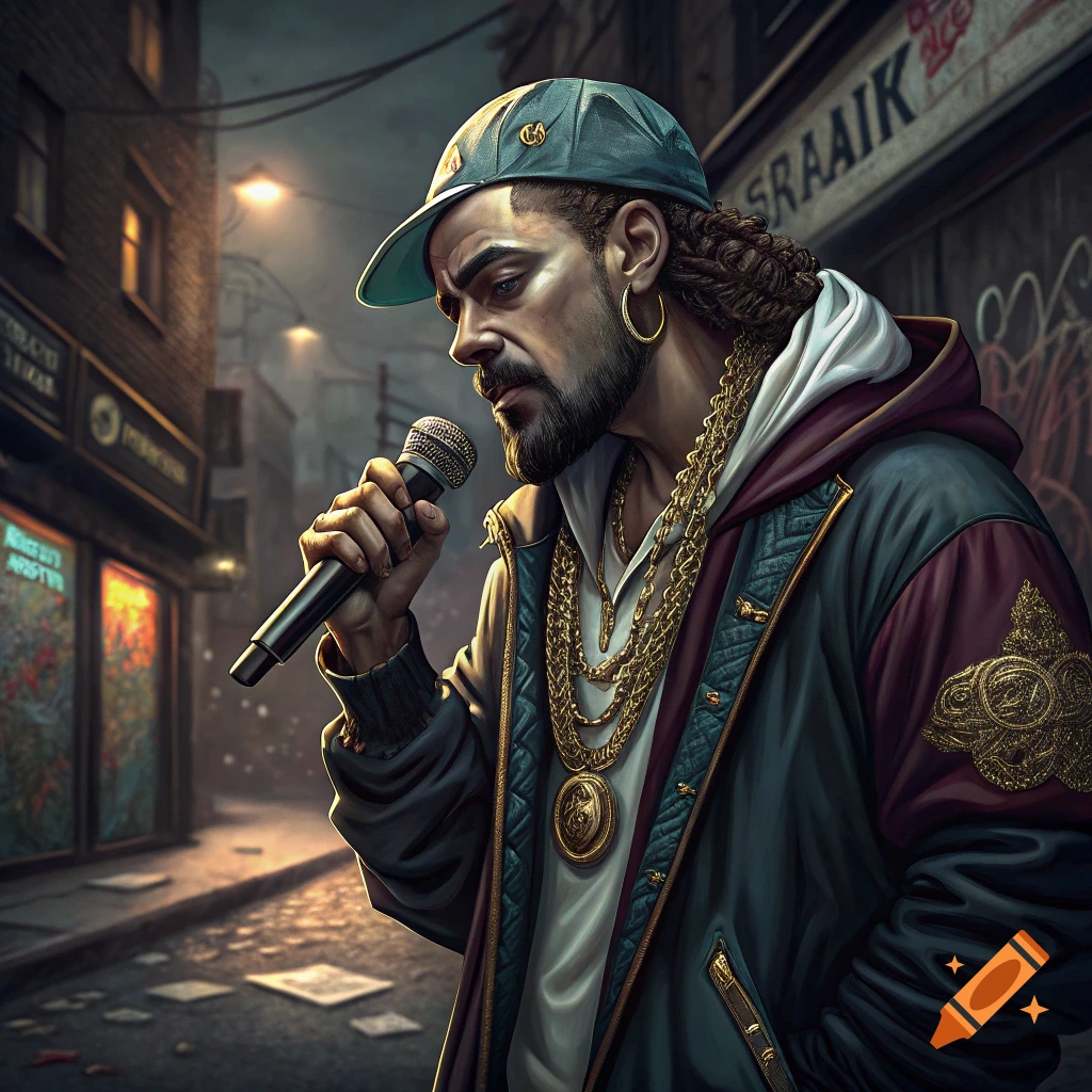 Man dressed as a 90s rap gangster holds a microphone in a street at night.