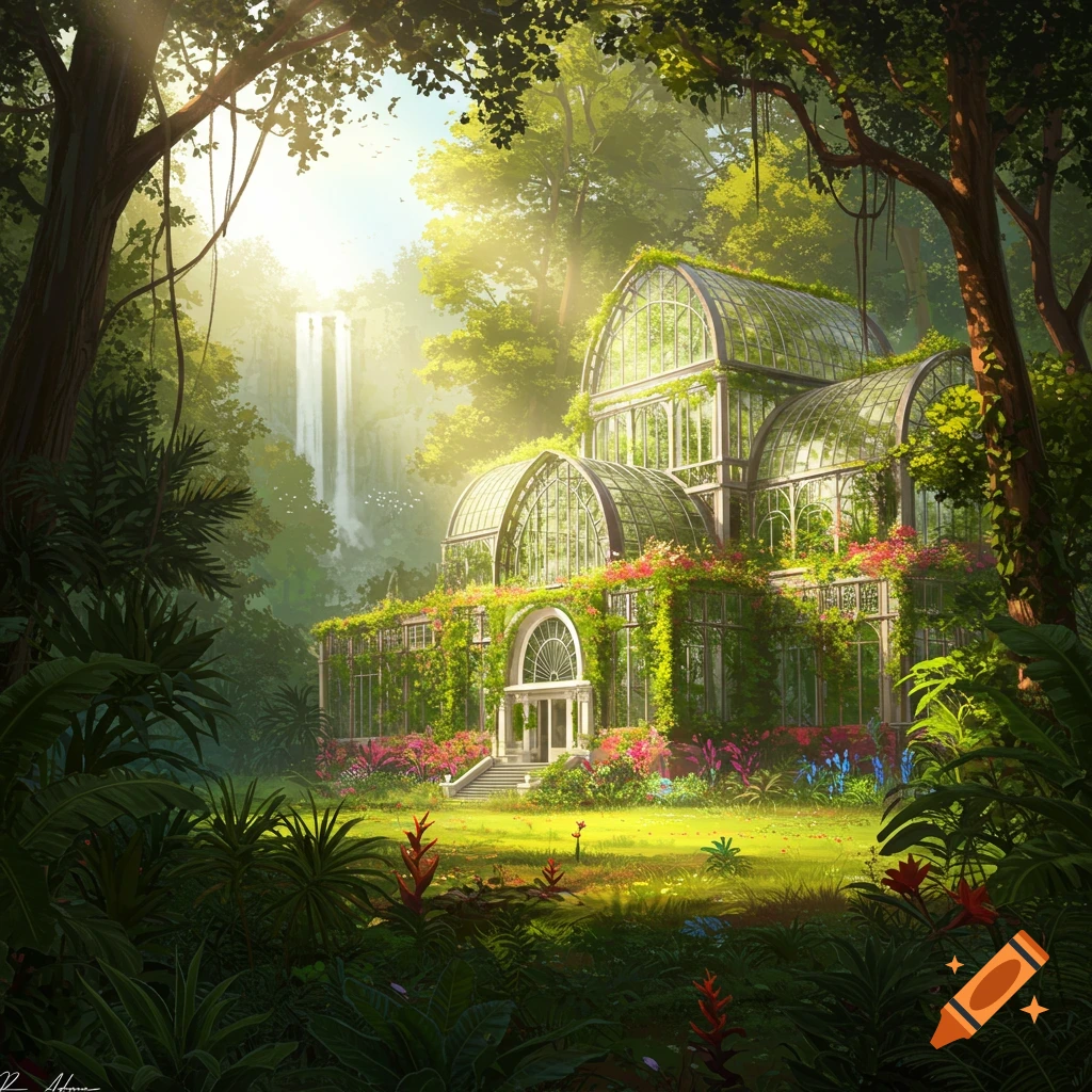 A large glass greenhouse is covered in vines and flowers, set in a lush jungle clearing with a waterfall in the background.