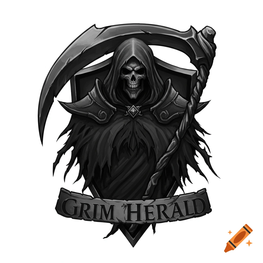 A grayscale image of the Grim Reaper holding a scythe in front of a shield, with a banner below reading "Grim Herald".