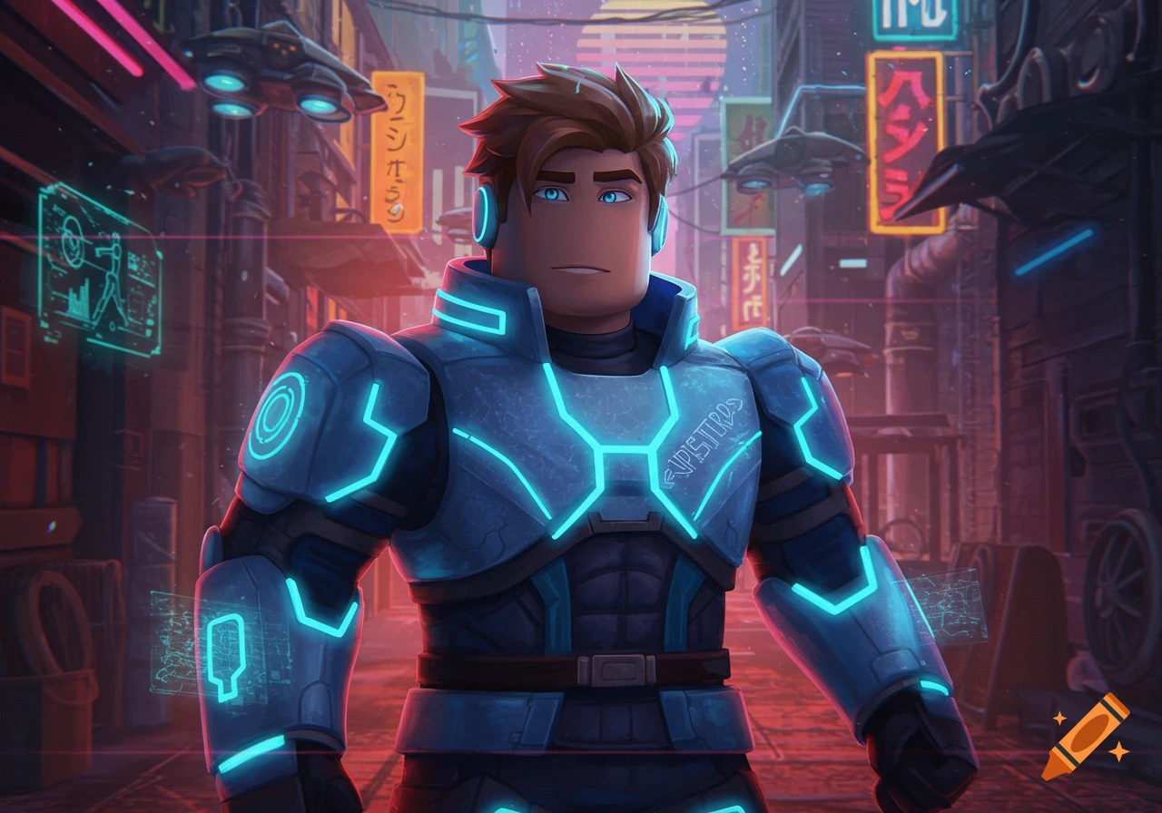Roblox-style character in futuristic armor standing in a cyberpunk city street.