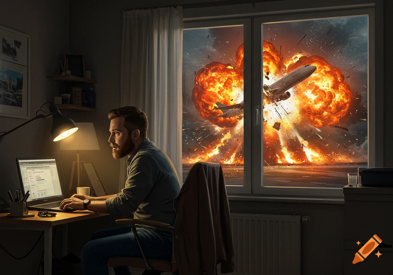 A man works on a laptop in his office while looking at a plane crashing in an explosion outside the window.