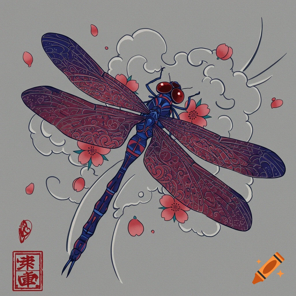 A stylized image of a blue and purple dragonfly in Japanese tattoo style, surrounded by pink cherry blossoms and grey clouds.