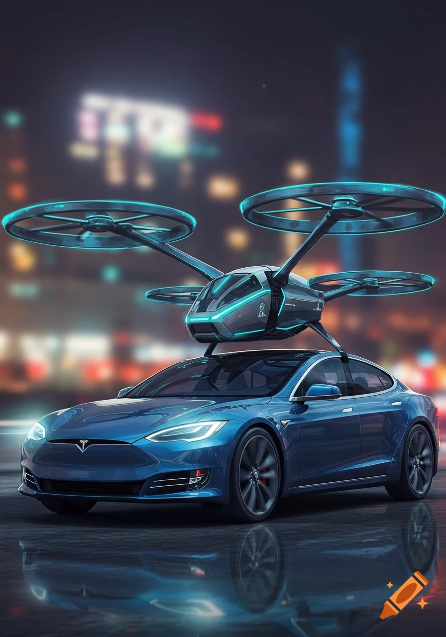 A blue Tesla car with a futuristic flying vehicle mounted on top in a nighttime city street, digital art.
