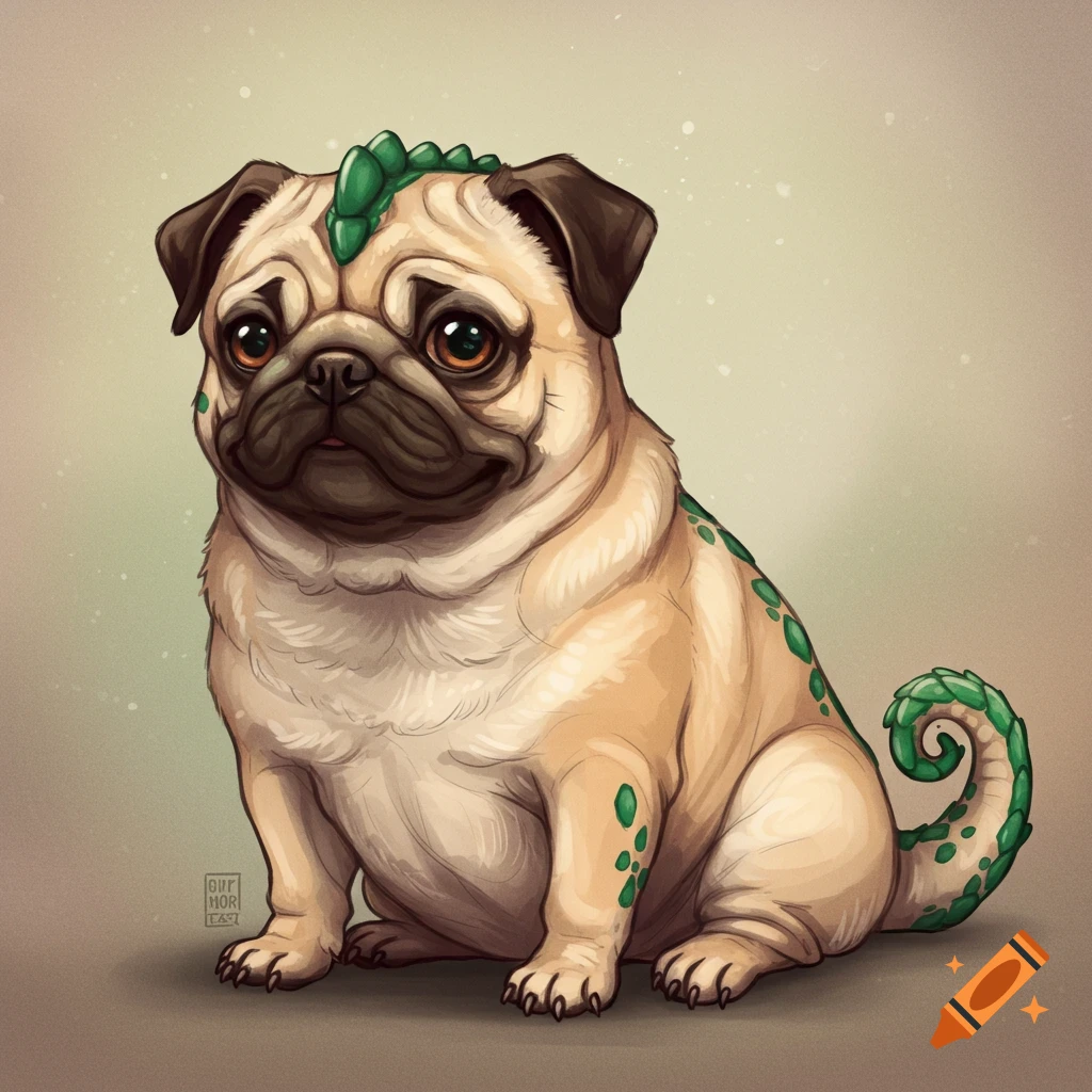 A pug with green scales and tail, sitting.