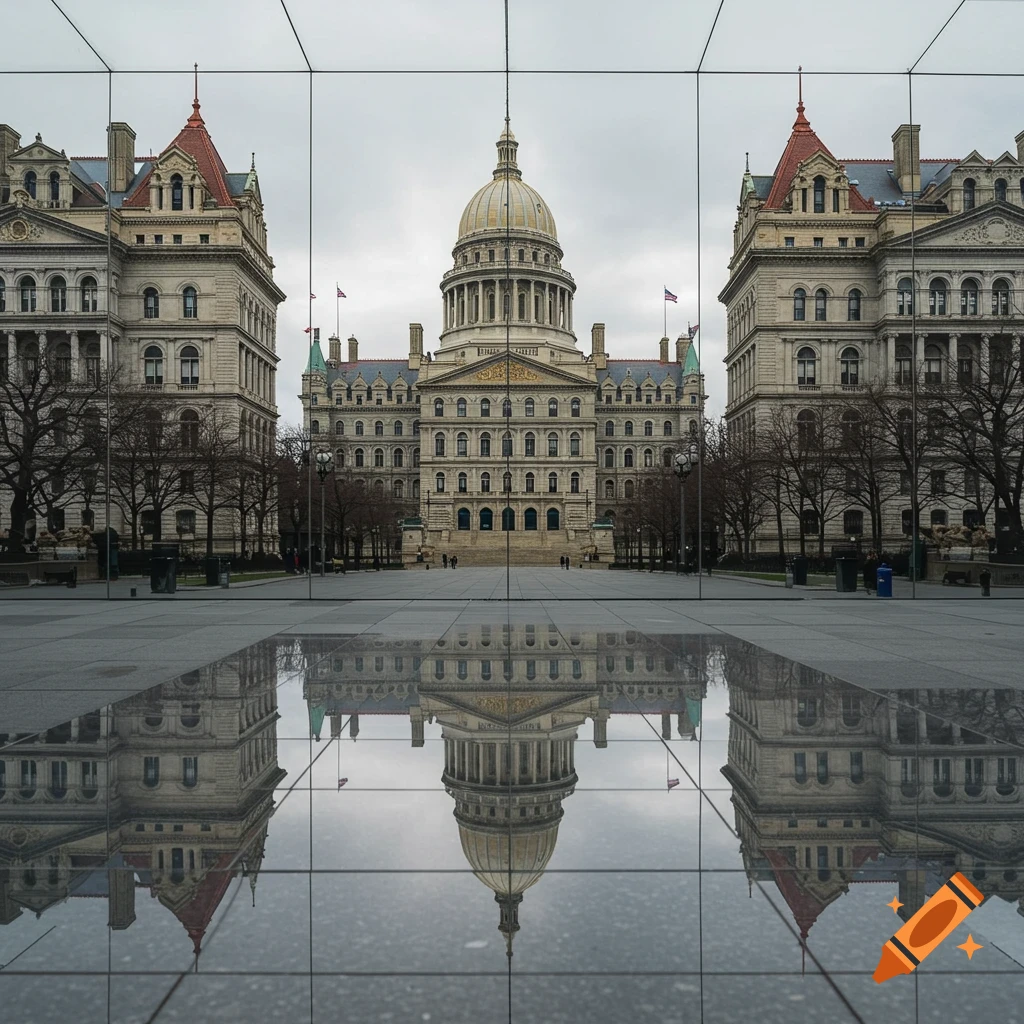 The New York State Capitol building reflected on a mirrored surface creating an infinity effect.