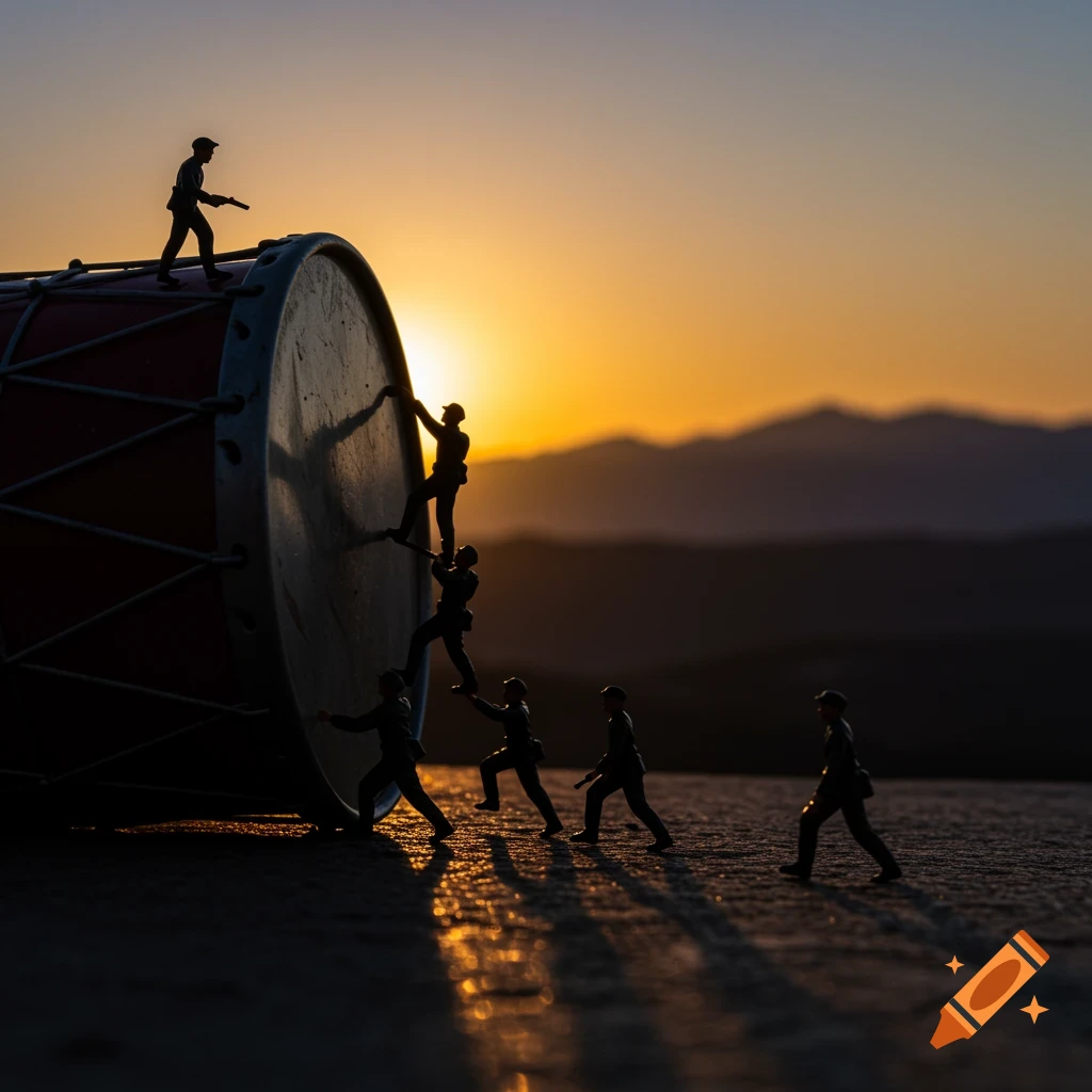 Silhouette photo of tiny figures climbing a large drum at sunset.