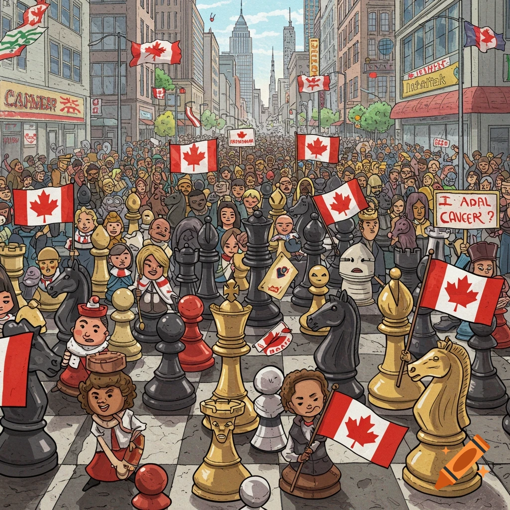Illustration of anthropomorphic chess pieces holding Canadian flags during a street protest in a city.