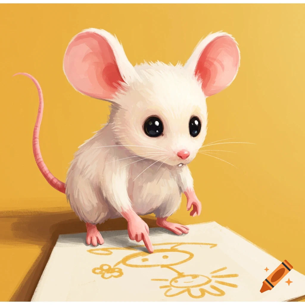 A cute white mouse points at a drawing on paper