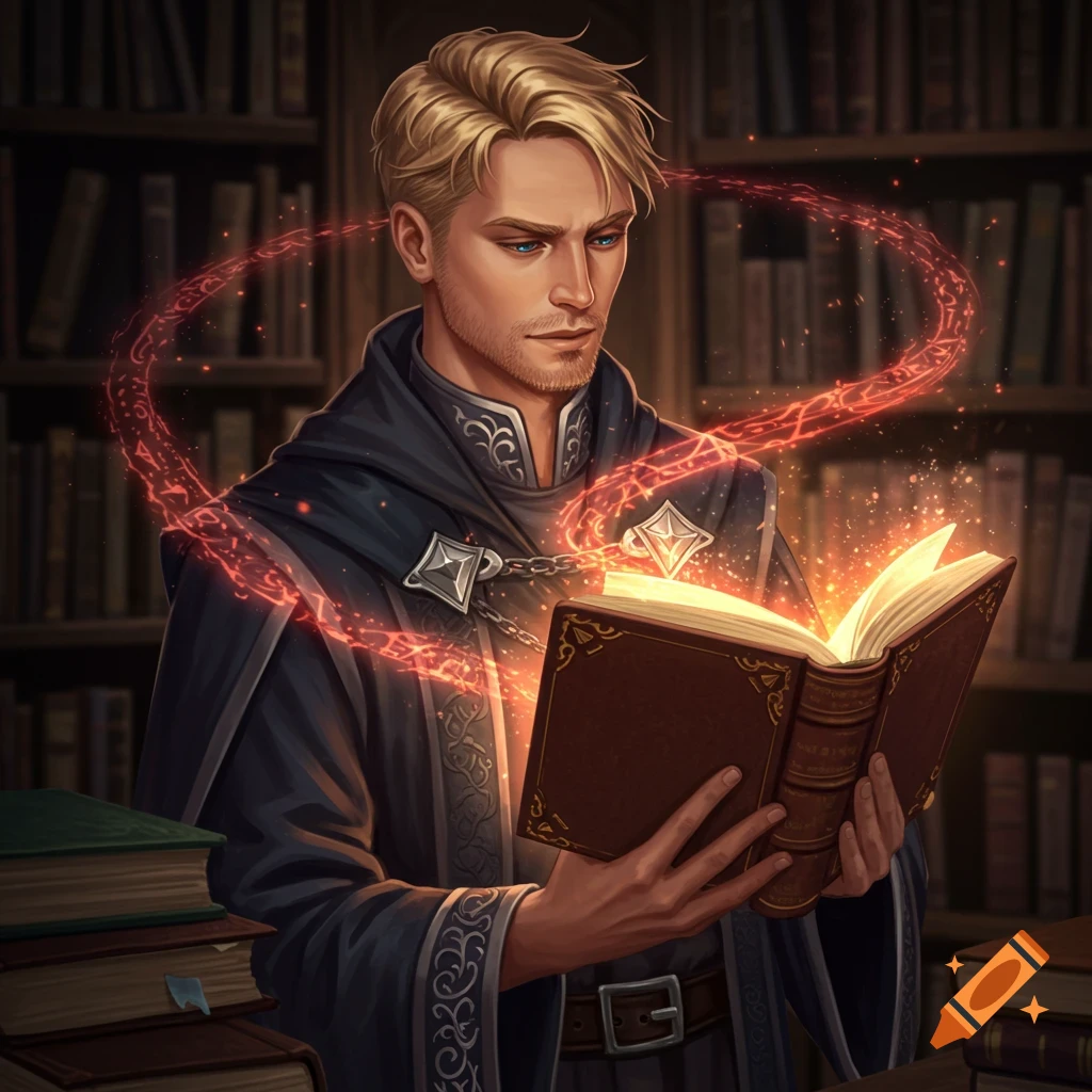A blonde wizard in robes is reading a glowing magic book in a library