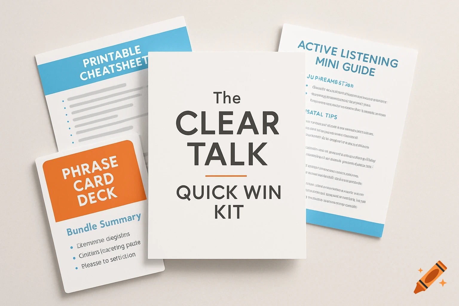 Mockup bundle for 'The Clear Talk Quick Win Kit' with cheat sheet, guide, phrase cards, and summary sheets. Flat-lay style with blue and orange accents.