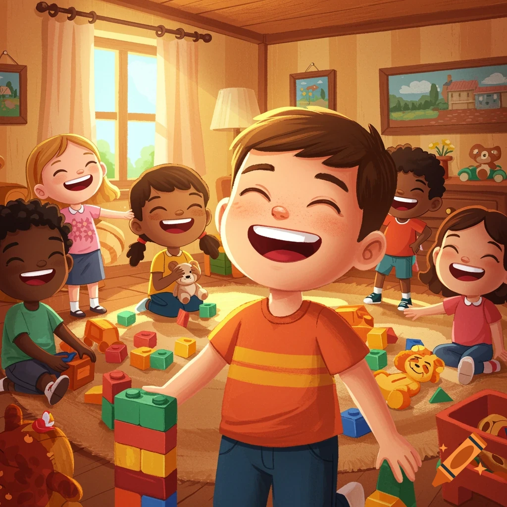 Diverse children joyfully playing with colorful blocks and toys in a sunny cartoon-style playroom.