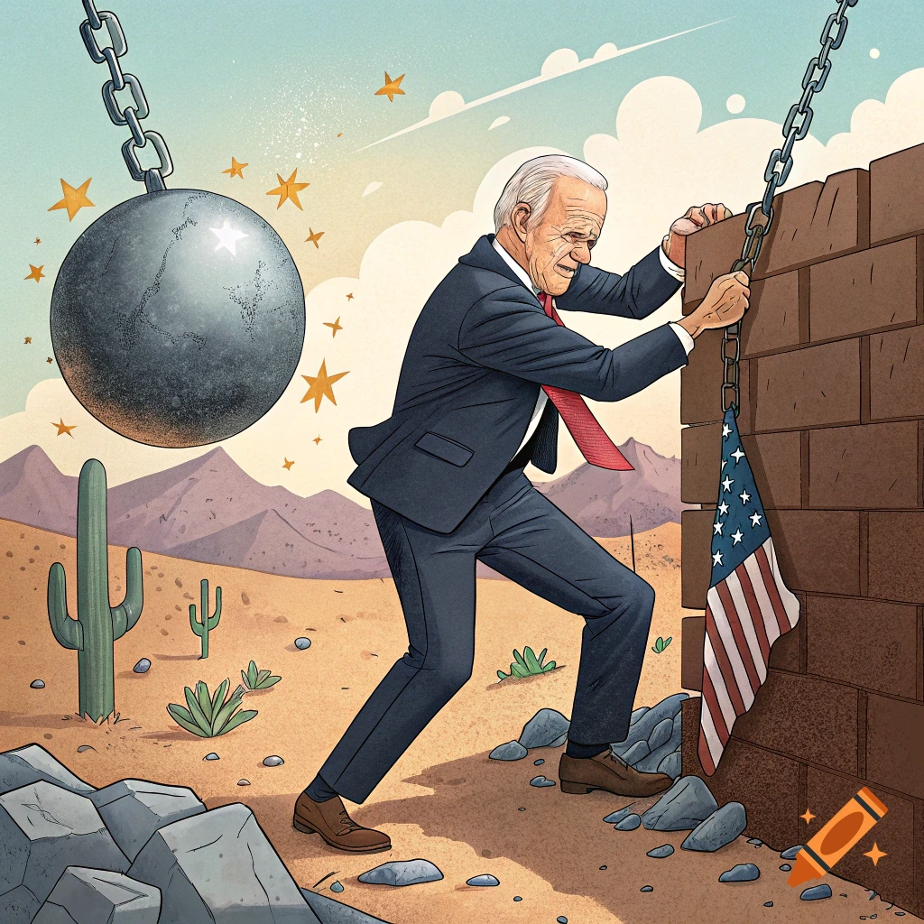Cartoon of Joe Biden pulling a wrecking ball chain attached to a wall in a desert with an American flag.